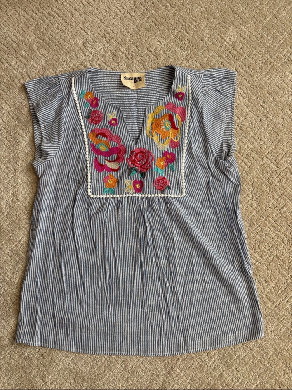 Savanna Jane Navy & White Striped Embroidered Floral V-Neck Blouse